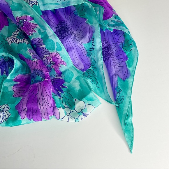Vintage Accessories - VINTAGE Silk Turquoise & Purple Floral Head Or Bag Scarf